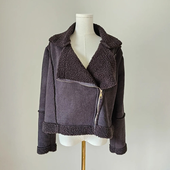 Astrid Size L faux suede relaxed fit crop jacket zip up brown sherpa - Picture 2 of 9